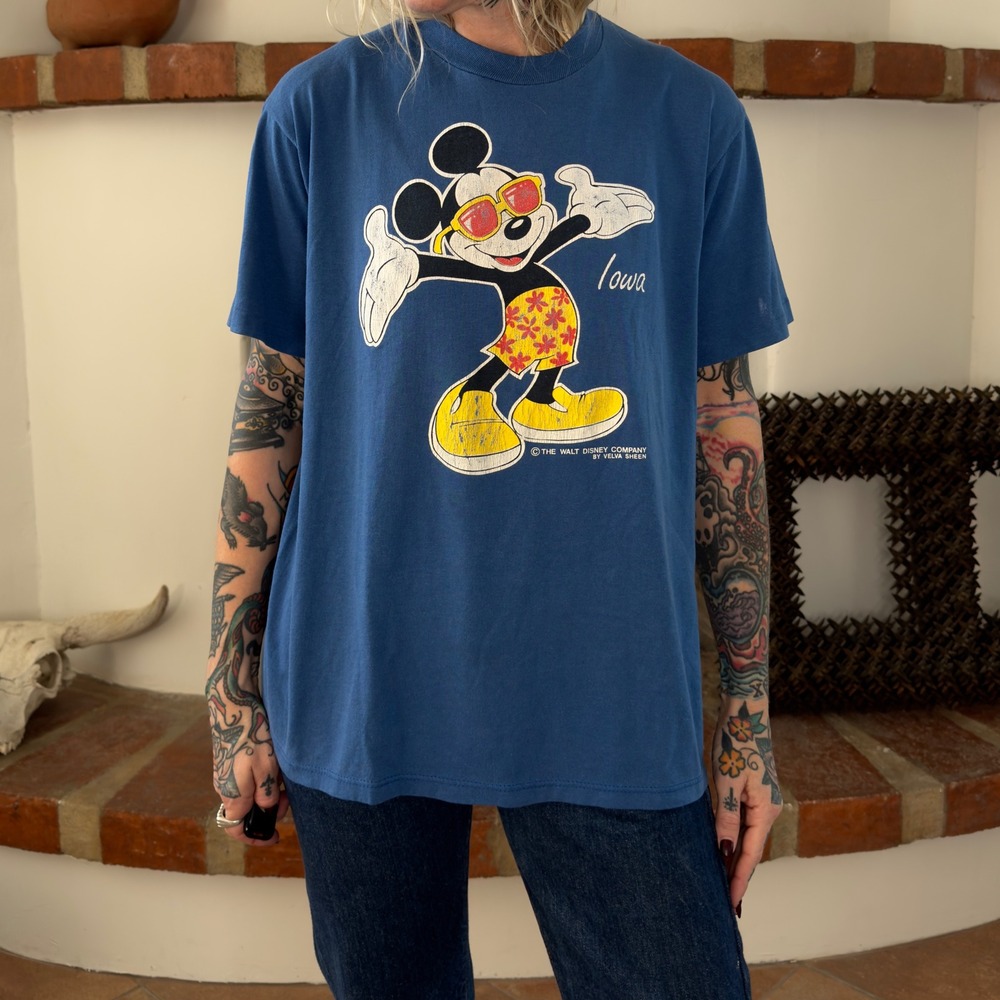 Vintage Velva Sheen Mickey Mouse Iowa T-Shirt Blue Single Stitch Made in USA L